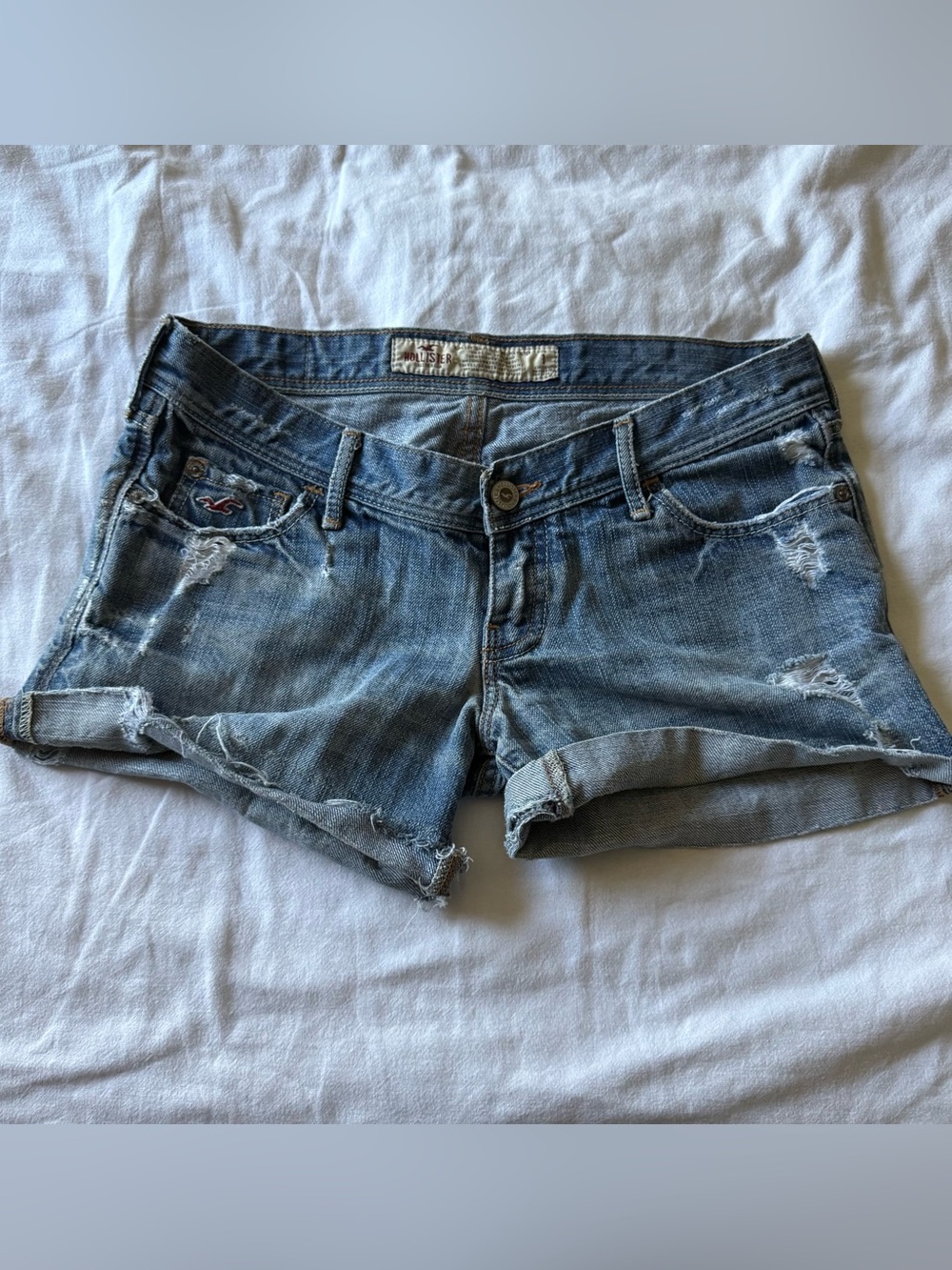 Vintage Y2K Hollister Light Blue Distressed Cuffed Denim Shorts